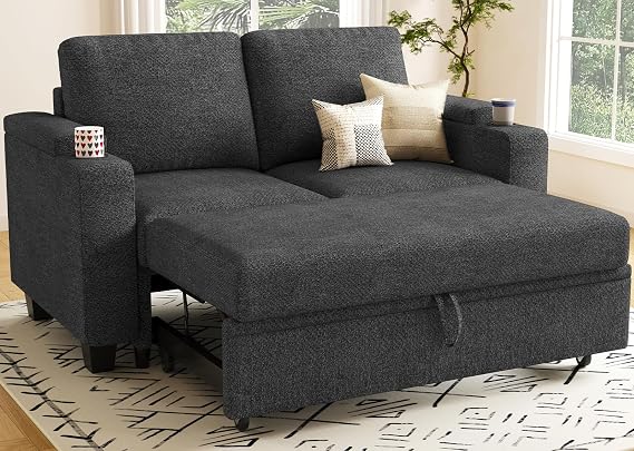 Belffin Sectional Sleeper Sofa with Pull Out Bed Love Seat Couch with Cup Holder. Dark Grey