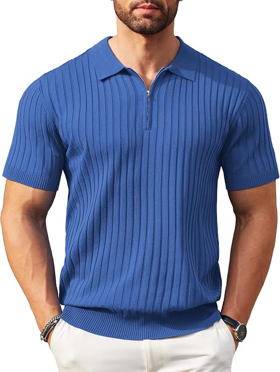 COOFANDY Men's Quarter Zip Polo Shirt Short Sleeve Ribbed Knit Golf Tee