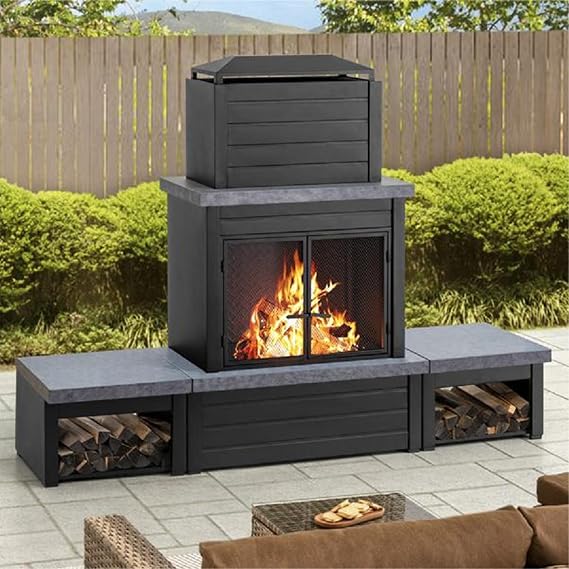 Sunjoy Wood Burning Fireplace Matte Black Outdoor Steel Fireplace with Chimney, Log Holders, Fireplace Tool, and PVC Cover