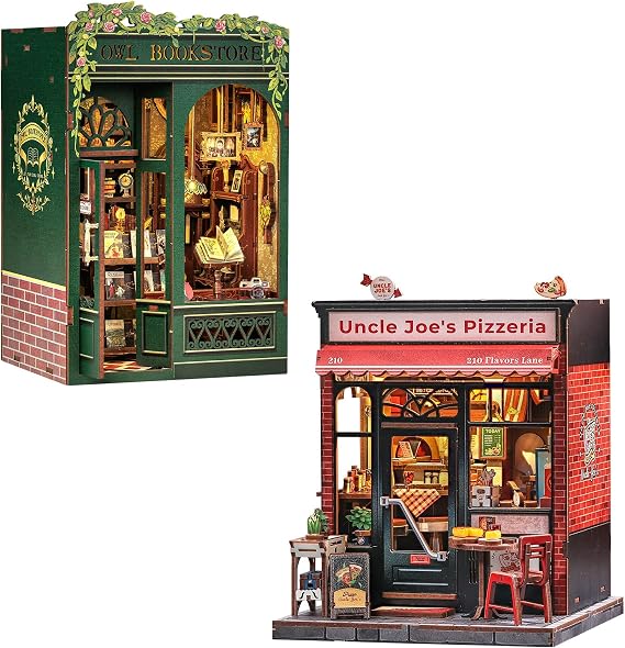 Book Nook Kit, DIY Miniature House Kits for Adult and Teens, Dollhouse Mini Booknook House Bookshelf Decor, DIY Craft Gifts for Family and Friends(Owl Bookstore&Uncle Joe's Pizzeria)