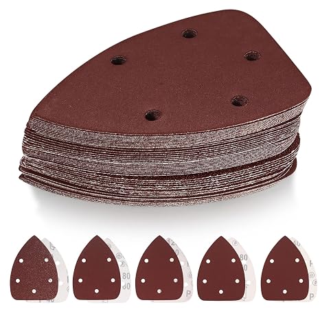 50 Pcs Mouse Detail Sander Sandpaper, 40/80/120/180/240 Grit Hook and Loop 140mm Mouse Sander Pads, Sander Replacement Pads, Assorted Triangle Sandpaper for Detail Mouse Sander