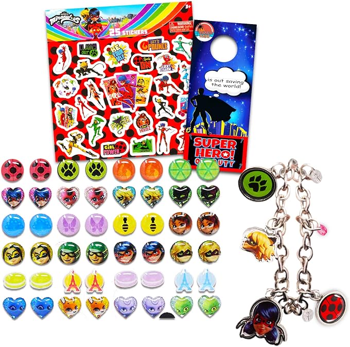 Miraculous Ladybug Jewelry Set for Girls - Bundle with Charm Bracelet, Earrings, and Stickers