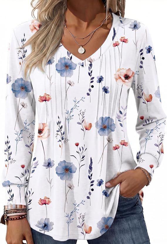 Zeagoo Women's Puff Long Sleeve Shirts Pleated V Neck Fall Tunic Tops Blouse Dressy Casual Summer T-Shirts