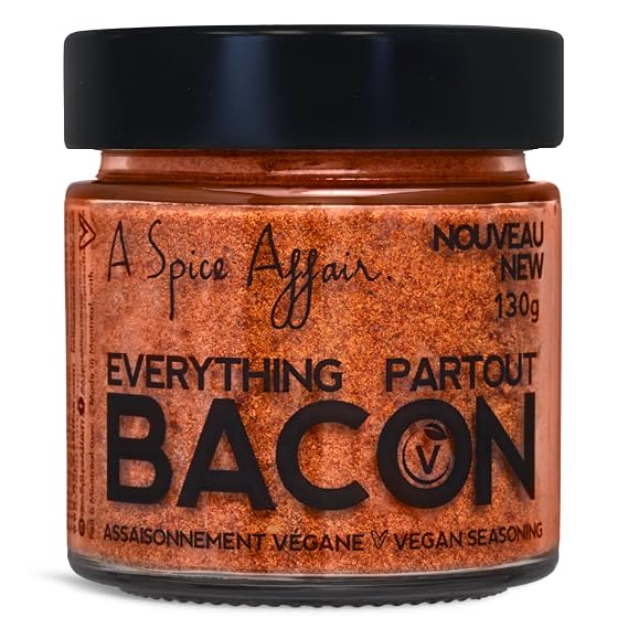 A Spice Affairs Everything Bacon Vegan Seasoning | Smoky, Savoury & Crispy Bacon-Style Flavor (Vegan) | All-Natural, Non-GMO, Filler-Free | Perfect for Eggs, Avocado Toast, Salads, Veggies, Popcorn & Everyday Cooking | Signature Glass Jar | 130 g (4.6 oz)