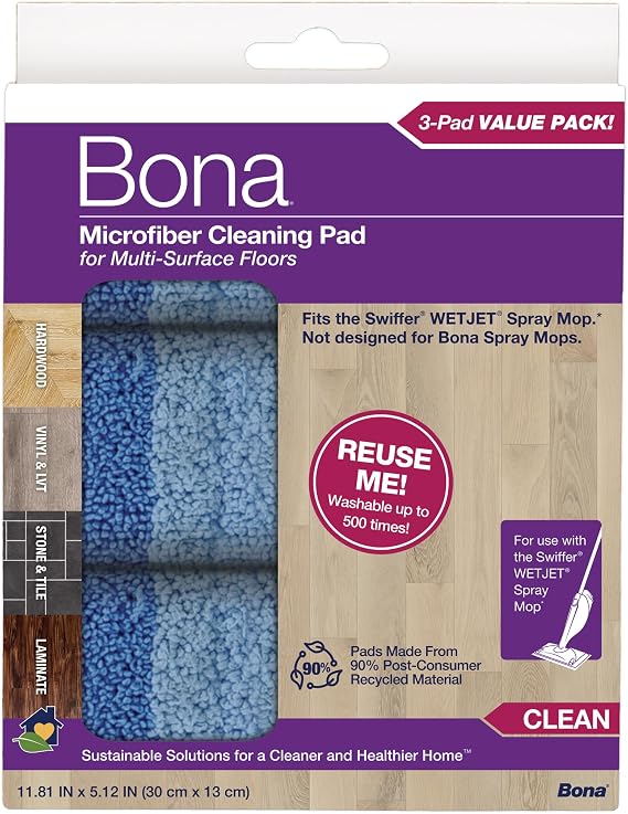 Bona Microfiber Cleaning Pads for use with Swiffer WETJET Spray Mop only, 3 Pack, Washable & Reusable up to 500 Times