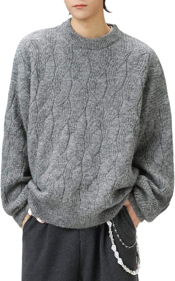 POHADON Vintage Grandpa Cable Knit Sweater Fall Winter Oversized Retro Chunky Pullover Y2k Fashion Streetwear Grunge Clothes