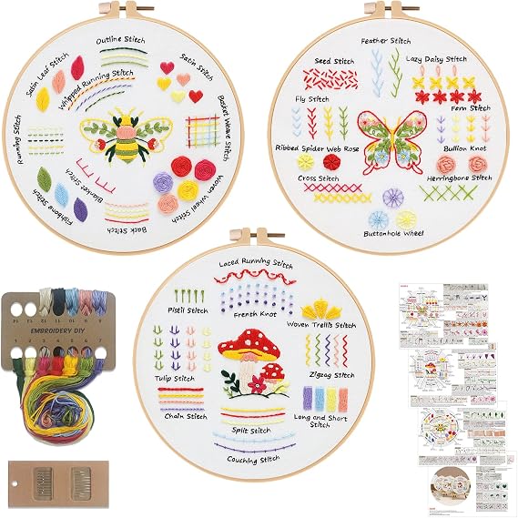 Louise Maelys 3 Pack Embroidery Kit for Beginners Learn Basic Stitches DIY | Cross Stitch Kits to Practice 30 Basic Stitches. A Complete Needlepoint Kit for Adults to Learn DIY Embroidery Skills
