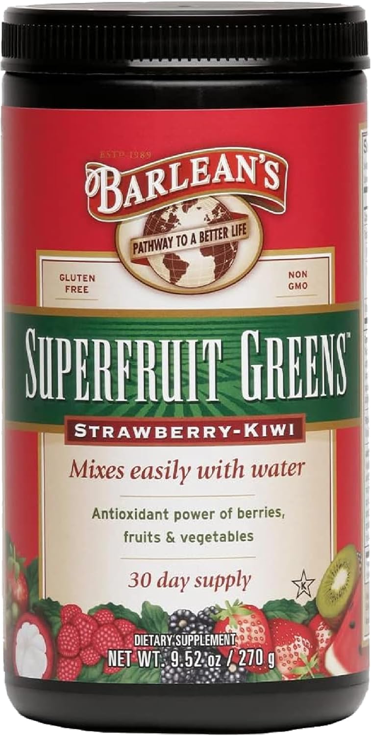 Barleans Superfruit Greens Powder With Antioxidant Power Of Berries, Fruits And Vegetables – Strawberry Kiwi Flavor - Vegan, Non-GMO, Gluten-Free - 9.52 oz