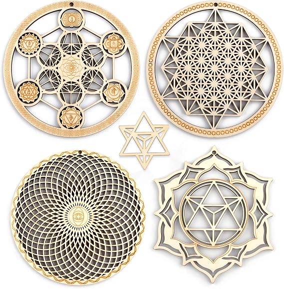 Qallicon 5.31" Sacred Geometry Wall Art 4 PCS Set, (Metatron Cube, 64 Tetrahedron, Torus, Merkaba) Crystal Grid Meditation Chakra Wooden Wall Art Yoga Decor Spiritual Gifts