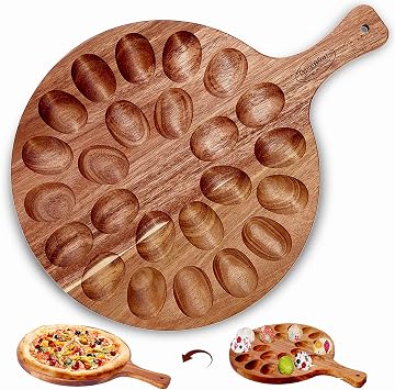 Acacia Wood Deviled Egg Platter,24 Holes Deviled Egg Tray.Round Deviled Egg Holder for Deviled Eggs.Charcuterie Board Easter Deviled Egg Carrier for Kitchen Countertops