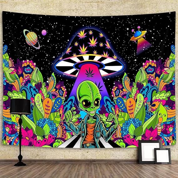 JAWO Alien Cool Tapestries, Magical Trippy Psychedelic Mushroom UFO Wall Hanging Tapestry Home Decor for Bedroom Living Room Dorm Apartment 40x30inches
