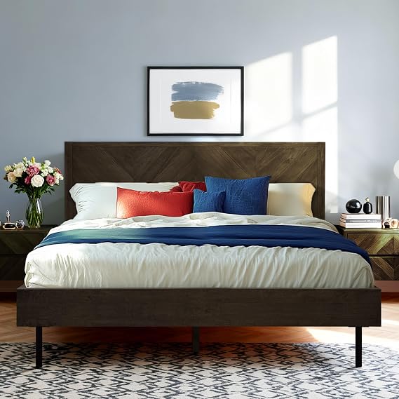 Acacia Alander Solid Wood Bed Frame with Chevron Headboard, Queen, Mocha | Stability Frame, Support 800 lbs, No-Squeak Comfort, Center Support System, No Box Spring Need, Easy Assembly Platform Bed