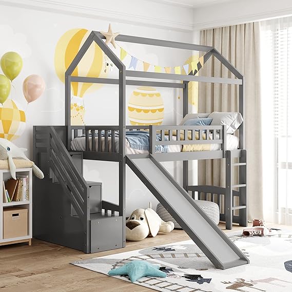 Flieks Twin Loft House Bed with 2 Drawers Staircase, Slide and Ladder, House Bed for Family, Kids, Teens, No Box Spring Needed
