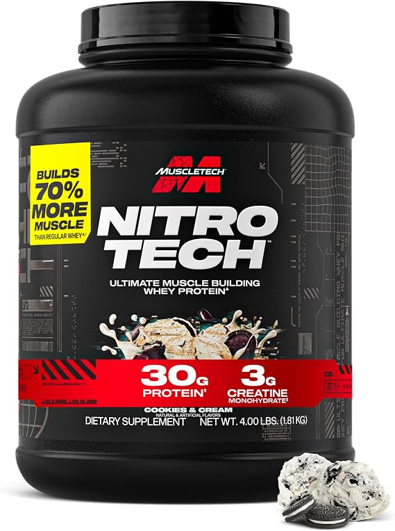 MuscleTech Whey Protein Powder (Cookies & Cream, 4LB) - 30g Protein | Nitro-Tech Ultimate Muscle Building Formula with Whey Protein Isolate - 3g of Creatine & 6.8g of BCAA - Packaging May Vary