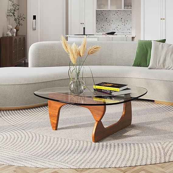 Glass Coffee Table, Mid Century Modern Coffee Table Center Table for Living Room Oval Small Triangle Coffee Tables for Small Spaces Abstract Curved Coffee Table with Solid Wood Base