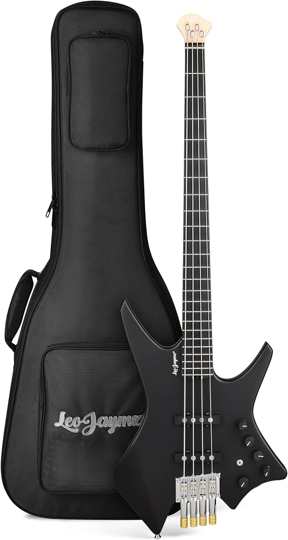 Leo Jaymz Headless Electric Bass Guitar, Basswood Body with Canadian Hard Maple Neck, Richlite Fretboard, Active 3-Band EQ, Alnico 5 Pickups, Stainless Steel Frets, with Gig Bag(Matt Black)
