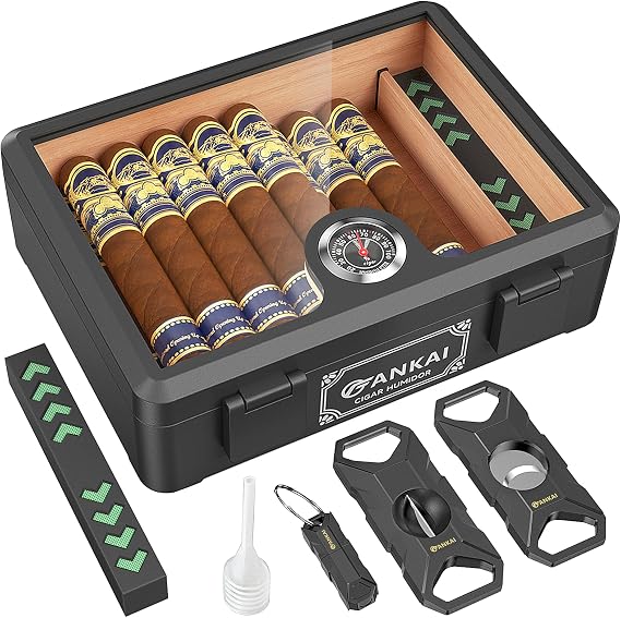 Cigar Humidor, Full Glass Top Cigar Box with Humidifier and Hygrometer, Drop-proof Crushproof Cigar Case, Cedar Wood Lining Storage Box with Divider for 20-25 Cigars (Black)