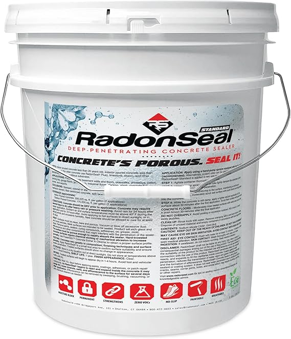 RadonSeal Concrete Sealer (Standard) Deep Penetrating Waterproofing for Basement Floors & Foundation Walls Reduces Moisture & Strengthens Concrete (5 Gallon)