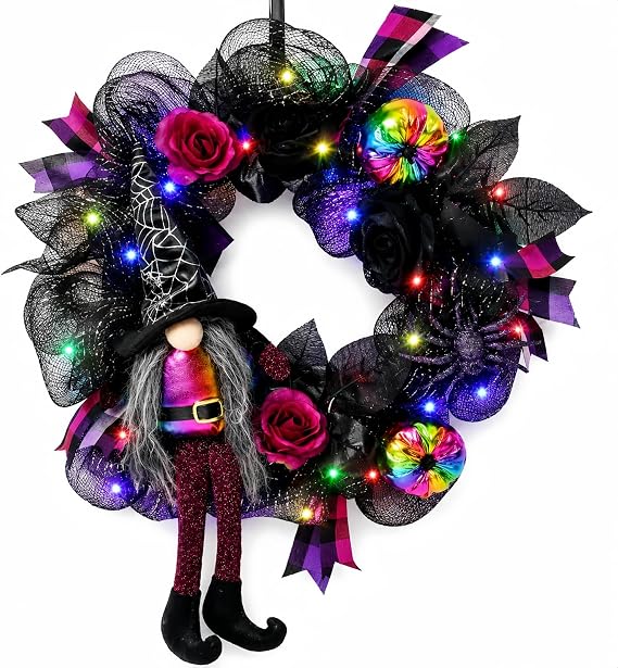 Lighted Halloween Wreath for Front Door, 20 Witch Gnome Halloween Wreath with LED Lights, Handmade Mesh Door Decoration, Indoor Outdoor Halloween Decor