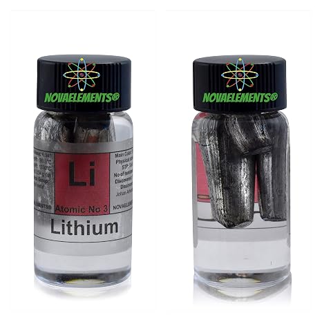 Lithium Metal Element 3 Sample 99.9% Pure 1 gram Shiny Pieces Under Mineral Oil in Labeled Glass Vial