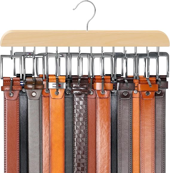 Belt Organizer with 14 Hooks, Sturdy Wood Belts Rack Closet Accessories