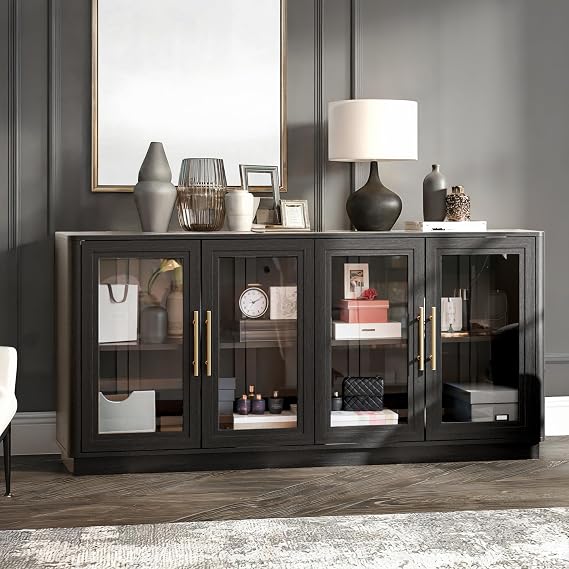 Cube Storage Organizer with Shelf, 63" Long Cubby Bookcase, Bookshelf with 4 Glass Doors,Glass Display Cabinet for Home Office, Living Room (Black, 63" Wide)