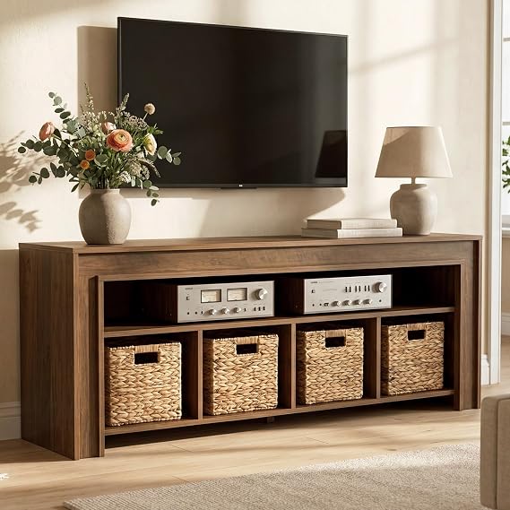 Tribesigns 63" TV Stand for 5570'' TVs, Farmhouse Entertainment Center with Storage, Wooden TV Console with 4 Woven Baskets & Open Shelf, Media Cabinet for Living Room, Rustic Brown