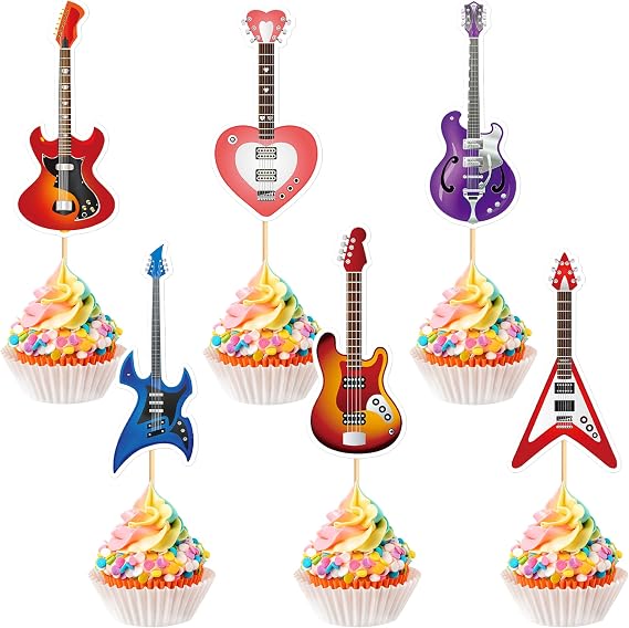 24Pcs Guitar Cupcake Toppers Electric Guitars Cupcake Picks for Guitarist Birthday Cupcake Decorations Music Concert Birthday Party Decoration Rock and Roll Party Supplies