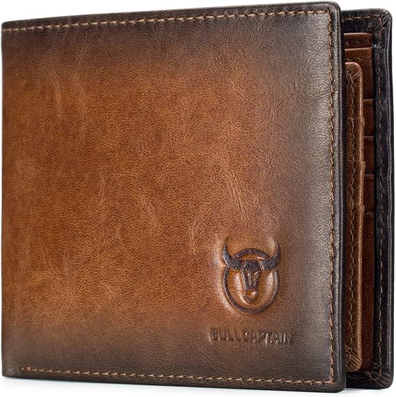 BULLCAPTAIN RFID Wallets for Men,Genuine Leather Wallet QB-05 (Brown) | Slim,Bifold,Front Pocket Wallet, 2 ID Windows,11 Card Slots,RFID Blocking Technology,Gift Choice