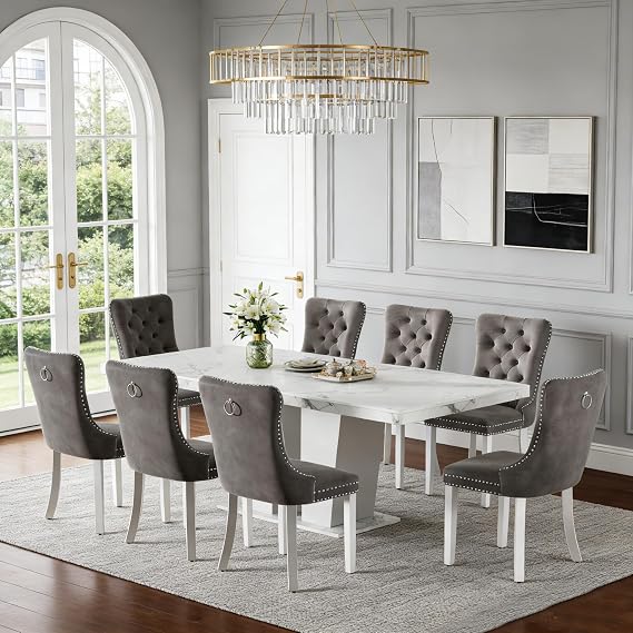 Henf 63"-79" Extendable Dining Room Table and Chairs Set for 8, 9 Pieces Faux Marble Kitchen Table Set with 8 Grey Chairs Set, Modern Large Expandable Dinner Table Set with White Double Columns Base