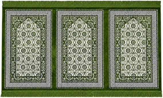 Modefa Muslim Prayer Rug Wide Multi Person Velvet Floral Carpet (Green) | For 3 People Praying Mat, Salah Group Sajadah Janamaz