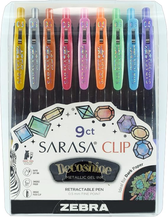 Zebra Pen SARASA Clip Retractable Gel Pen, Assorted Metallic Ink, 9-Pack