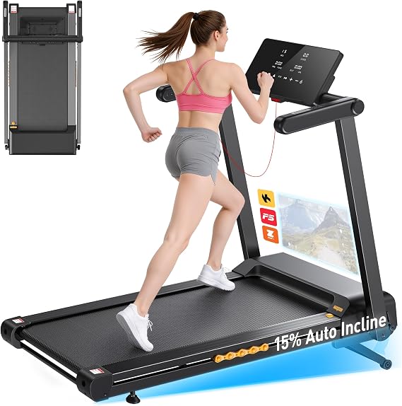 JAGJOG Treadmill for Home with 15% Auto Incline, 3.5HP Quiet Foldable Treadmill, 12 HIIT Programs, 14.96" Wide LED Touchscreen, Smart App & Heart Rate, 300 LBS Capacity, Fully Assembly
