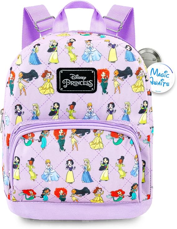 Disney Princess Mini Backpack - 10" Exclusive Woven Small Backpack with Front Pocket and Button Bundle | Adjusts to Fit Women, Teens, Girls, Kids