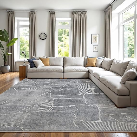 Area Rug 9x12 Machine Washable Rug Vintage Traditional Floor Cover Foldable Thin Retro Indoor Non Slip Carpet Floral Print Mat Bedroom Living Room Dining Room Office,Stone Crevice Gray