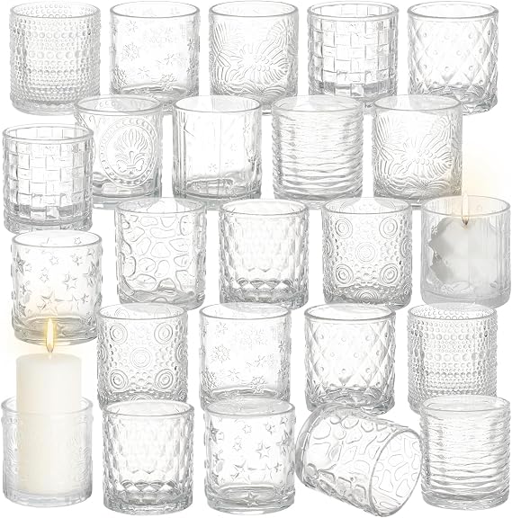 24pcs Assorted Votive Candle Holders - Clear Glass Tea Lights Candle Holder in Bulk, Tealight Candle Holder for Table Centerpiece Wedding Decor Home Decoration