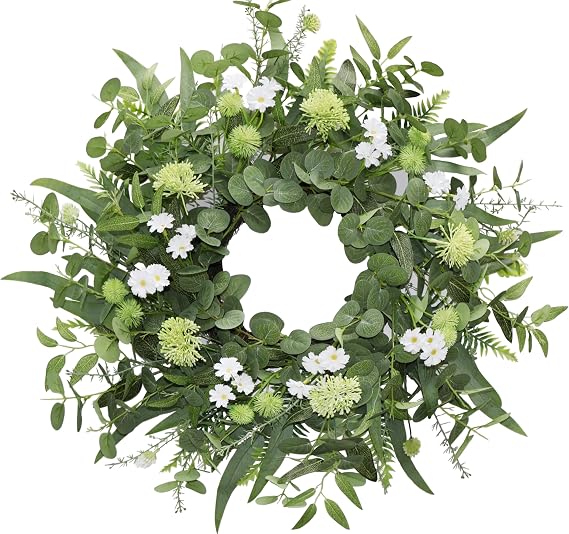 22"-24" Green Eucalyptus Wreaths for Front Door with White Flowers Lifelike Spring, Summer, and Winter Wreath for Farmhouse Porch, Window, Door Decor