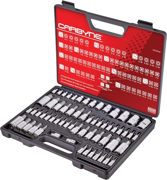 CARBYNE 62-Piece Torx Master Bit Socket Set and External Star Sockets S2 Steel 1/4 in 3/8 in 1/2 in Drive Including Tamper Resistant and Torx Plus Sizes T6 to T70 E4 to E24 Genuine Licensed Torx