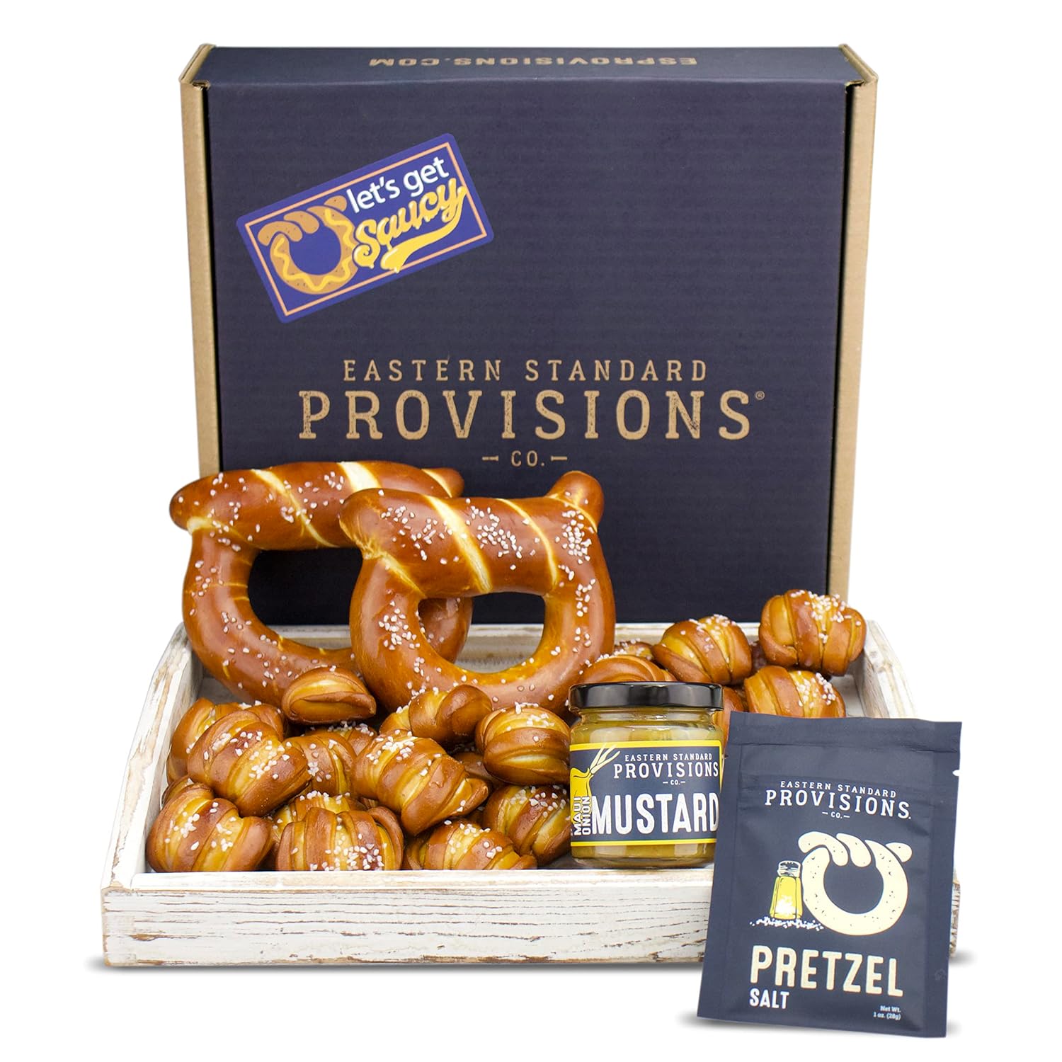 Eastern Standard Provisions Lets Get Saucy Gourmet Gift Box, Fresh Artisanal Soft Pretzel Pack, with Gourmet Pretzel Salt & Mustard