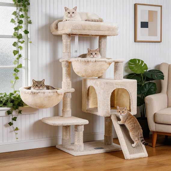 Hey-brother Cat Tree Tower with Large Bed, Hammocks, Scratcher, MPJ006SM | 35.4 Inches Cat House with Cozy Condo, Sisal Scratching Posts for Indoor Cats, Beige