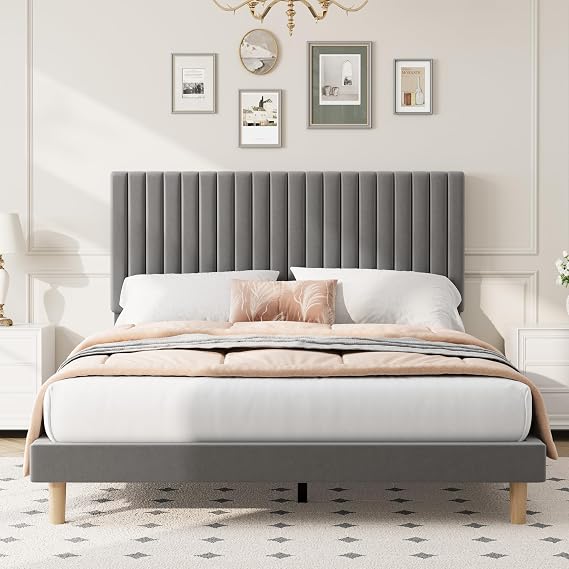 King Bed Frame with Adjustable Headboard, Velvet Upholstered Platform Bed