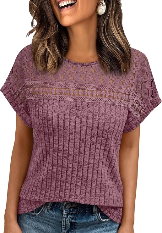 AUTOMET Womens Lace Short Sleeves Shirts Crochet Summer Tops