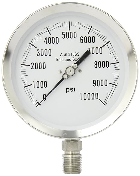PIC Gauge 4501-SC-2LU 4.5" Dial, 0/10000 psi Range, 1/2" Male NPT Connection Size, Bottom Mount Dry Process Pressure Gauge with a Stainless Steel Case and Internals, Removable Stainless Steel Bezel, and Polycarbonate Lens