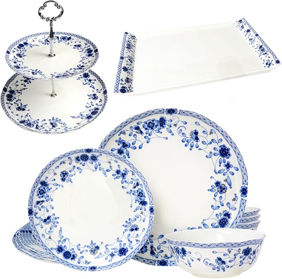 Fine Bone China Dinnerware Set for 4, 2-Tier Afternoon Tea Stand, Bone China Serving Trays