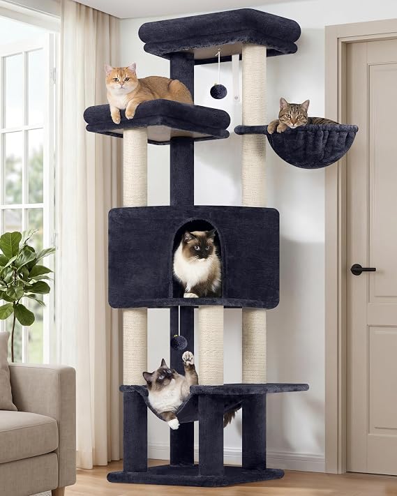 Globlazer F65D Corner Cat Tree Tower with Scratching Posts, Dark Grey | 65in Multi-Level Large Cat Scratching Tower with Hammock, 6 Scratching Posts, Basket and 2 Perches for Indoor Multiple Cats