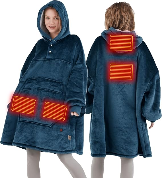 Degrees of Comfort Heated Wearable Blanket, Cordless Electric Heating Hoodie, Warm Sherpa Sweatshirt for Women, Navy 38x32