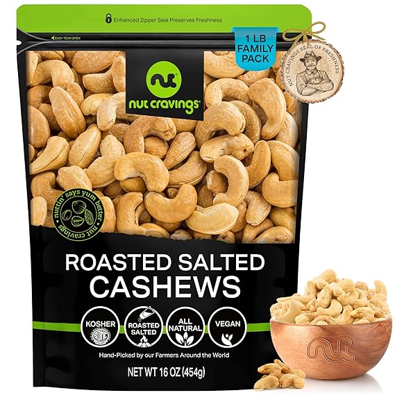 NUT CRAVINGS - Roasted Cashews Slightly Salted - Jumbo, Whole (16oz - 1 LB) Packed Fresh in Resealable Bag - Nut Snack - Food Assortments