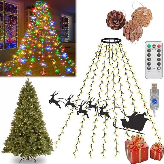 Cascading Twinkle Lights for Christmas Tree, 8 Modes Warm White Silver Wire Fairy Lights, Waterproof LED Firefly String Lights with Remote & Timer for Holiday, Party (RGB, 4.9ft 200 Lights)