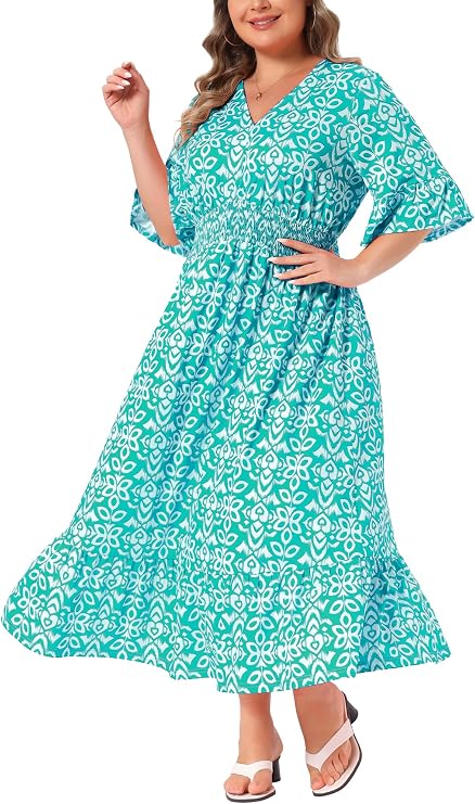Agnes Orinda Plus Size Dress for Women Bell Sleeve Ruffled Hem V Neck Short Sleeve Boho A Line Long Dresses