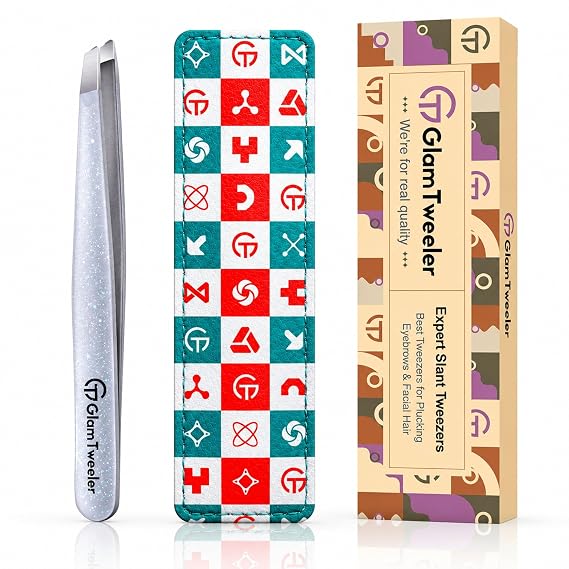 Expert Slant Tip Tweezers with Leather Case, GlamTweeler Sharp & Precision Stainless Steel Tweezer for Eyebrows, Facial Hair and Fine Hairs Removal (Sparkle Silver)
